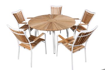 Havemøbelsæt - Teak ø130 cm havebord med 5 stole hvidt aluminiumsstel.